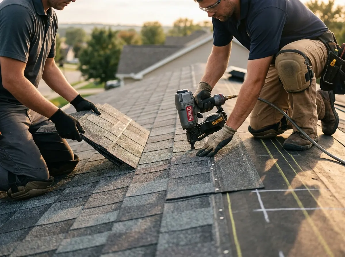 Professional roofer working on a residential roof in Laurel